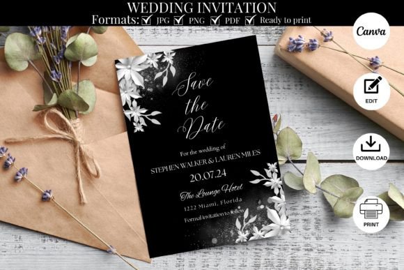 Elegant All Black Floral Wedding Invitations